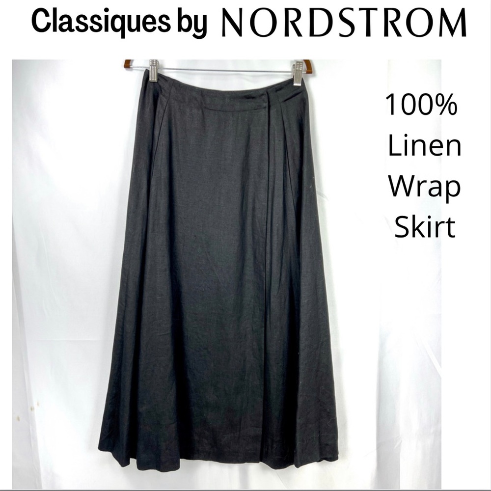 CLASSIQUES by Nordstrom Size 10 Linen Wrap MIDI Skirt in Black Clasp